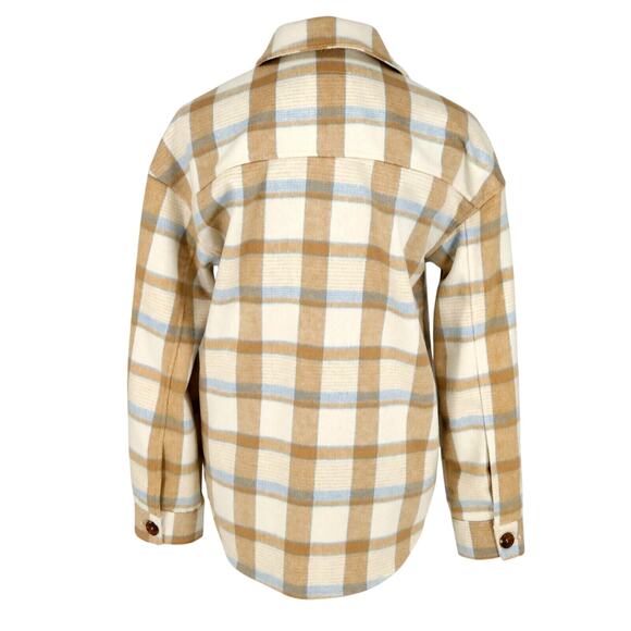 Avec Les Filles Jacket Womens XS Beige Ivory Blue Plaid Flannel Top Shacket New - Picture 2 of 16